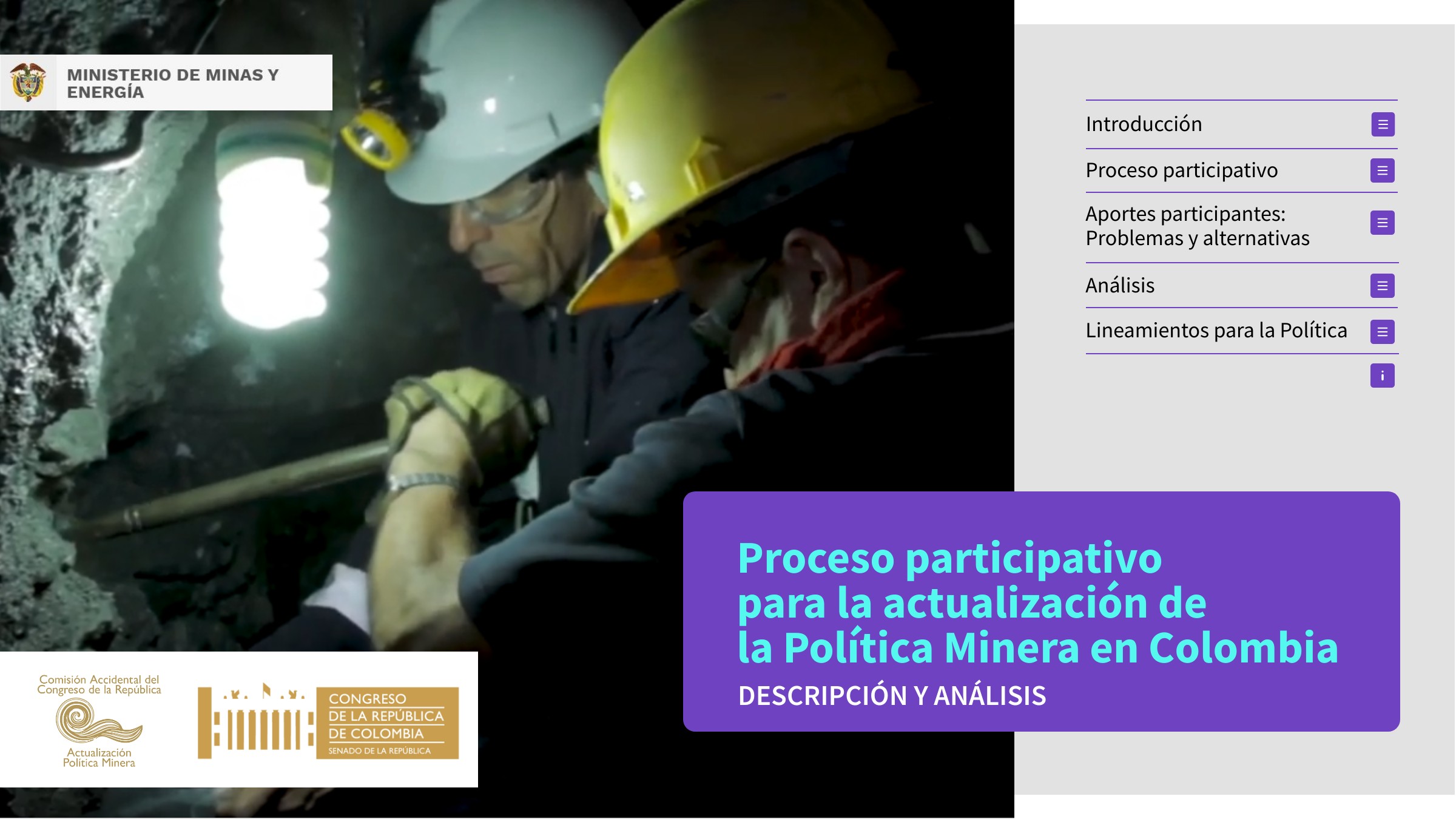 Portada de la presentación del proceso participativo de la política minera